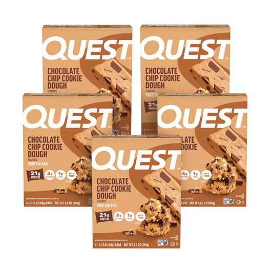 Quest Chocolate Chip Cookie Dough bar packaging highlighting gluten-free and keto-friendly features.