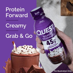 Quest Chocolate Protein Shake packaging highlighting 12-pack convenience.