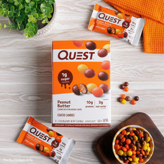 Quest coated candies peanut butter nutritional-panel, high protein option with low net carbs.