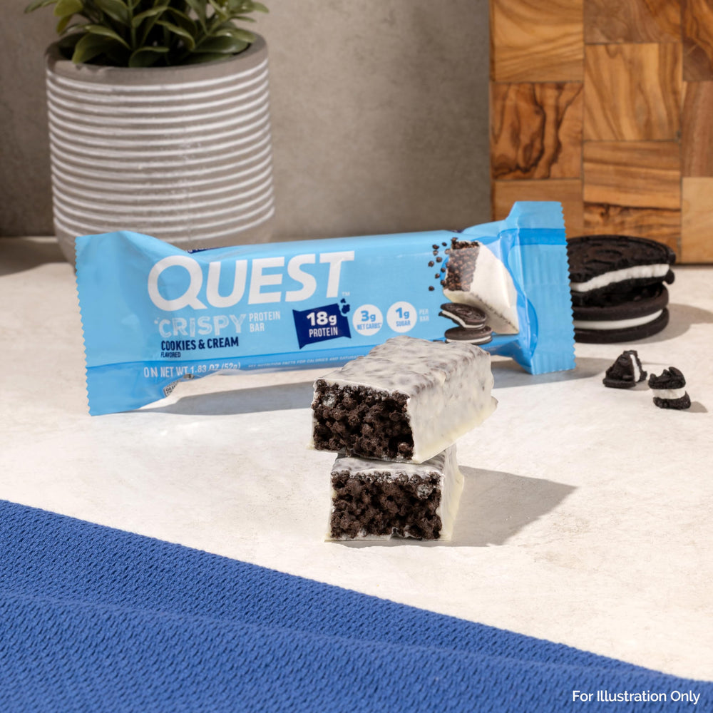 Quest Cookies and Cream Crispy Bar desk-friendly snack.