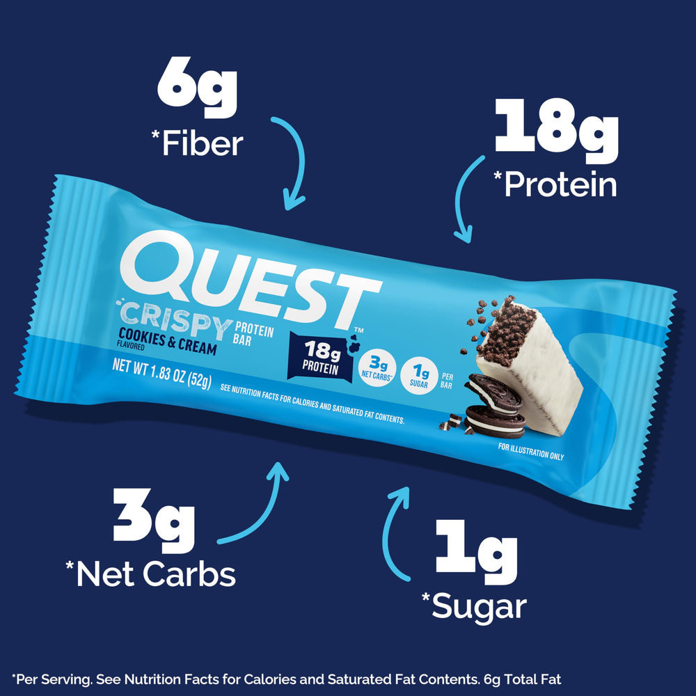 Quest Cookies and Cream Crispy Bar packaging shows a 12-count carton.