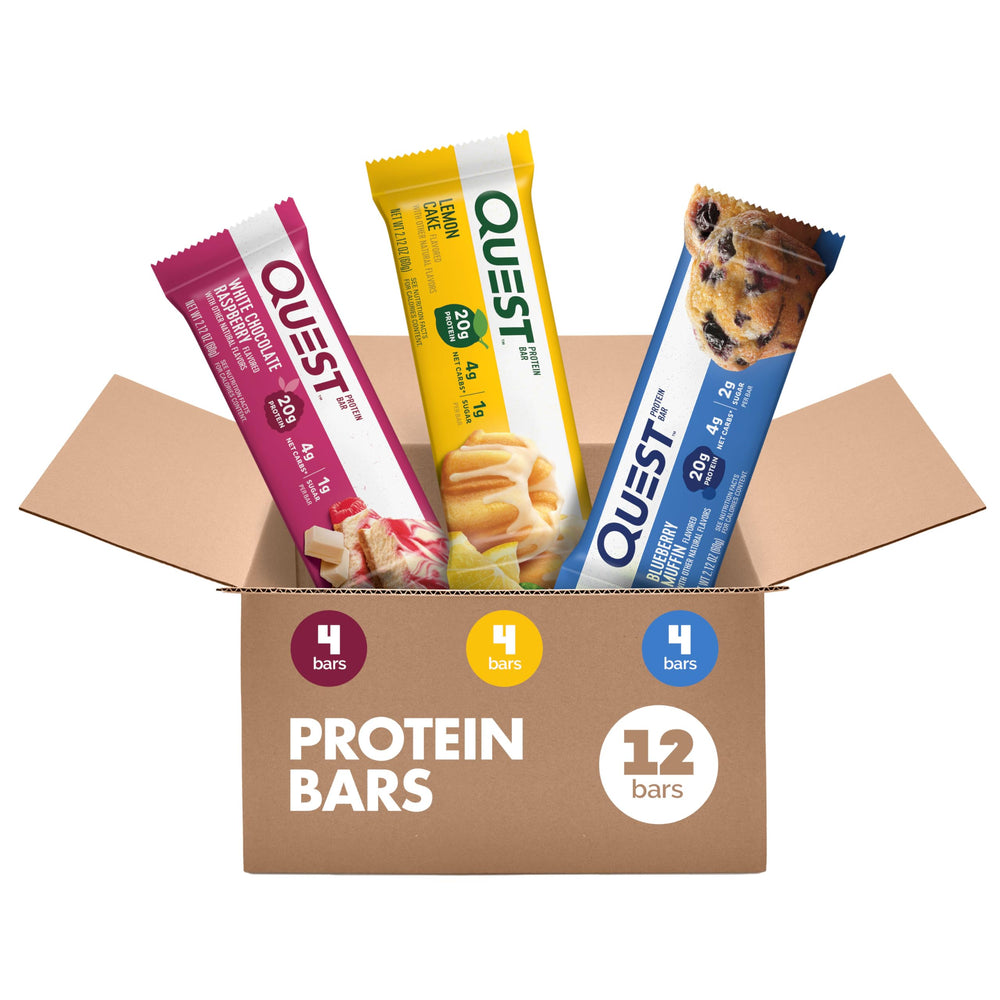 Quest Nutrition Blueberry Muffin bar from the variety pack, a high-protein snack option.