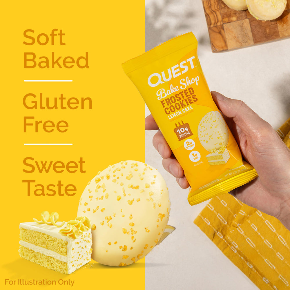 Quest Frosted Lemon Cake cookies arranged on a desk for easy snacking