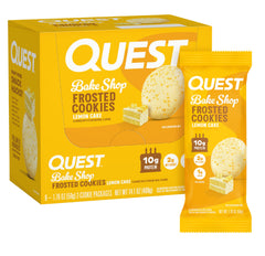 Quest Frosted Lemon Cake twin pack cookie close-up showing soft center and lemon frosting