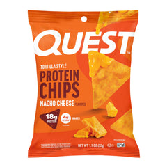 Quest Nacho Cheese tortilla-style chips close-up crunch, high-protein snack.