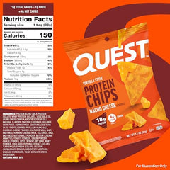 Quest Nacho Cheese tortilla-style chips 12-pack on table, convenient party snack.