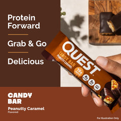 Quest Peanutty Caramel Bar chocolate coating closeup showcases indulgent flavor.
