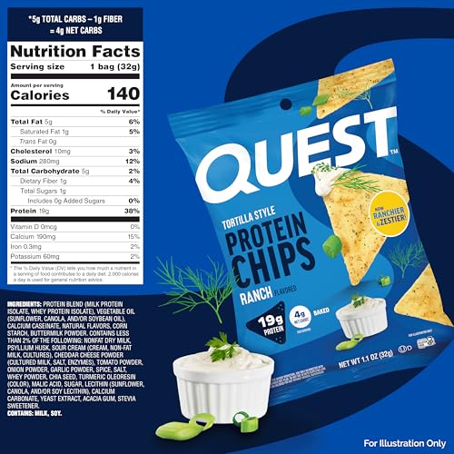Single-serving 1.1oz pouch of Quest Ranch Tortilla Style Protein Chips for portion control