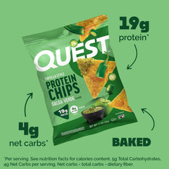 Quest Salsa Verde bag close-up with nutrition panel, emphasizing gluten-free and low net carbs