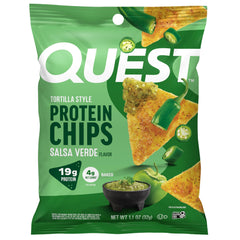 Quest Salsa Verde tortilla chips front pack showing bold flavor and 19g protein per serving