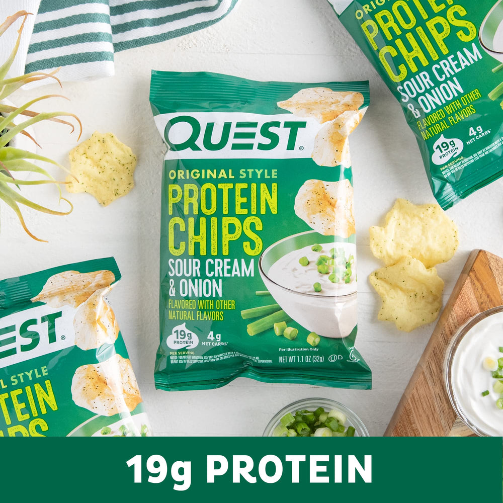 Quest Sour Cream & Onion chips in backpack ideal for workouts and travel.