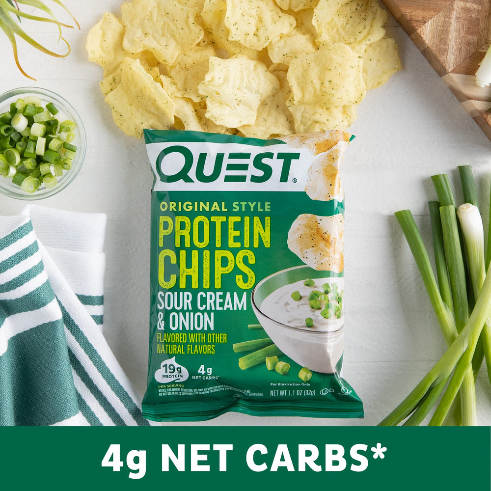 Quest Sour Cream & Onion chips plated with dip for a tasting session.