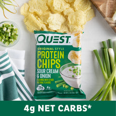 Quest Sour Cream & Onion chips plated with dip for a tasting session.