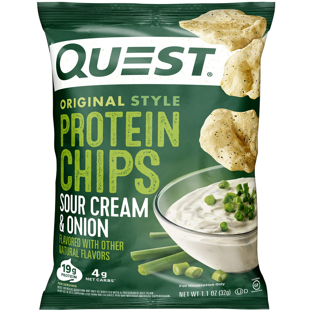 Quest Sour Cream & Onion protein chips packaging front highlighting protein-packed nutrition for on-the-go snacking.