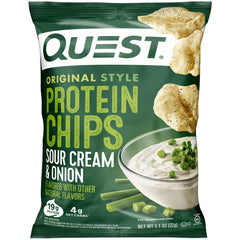 Quest Sour Cream & Onion protein chips packaging front highlighting protein-packed nutrition for on-the-go snacking.