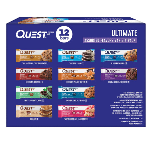 Quest Ultimate Variety Pack box displaying all flavors for easy snacking