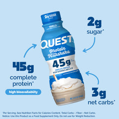 Quest Vanilla Protein Shake glass showcases milkshake-like vanilla experience on the go.