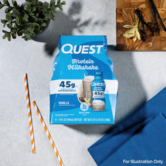 Quest Vanilla Protein Shake scoop beside bottle for convenient ready-to-drink reference.