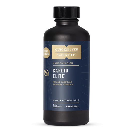 Quicksilver Cardio Elite bottle front showing a vegan, clean formula for circulation support.