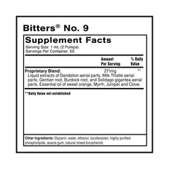 Quicksilver Dr. Shade's Bitters No. 9 label close-up showing nine herb blend