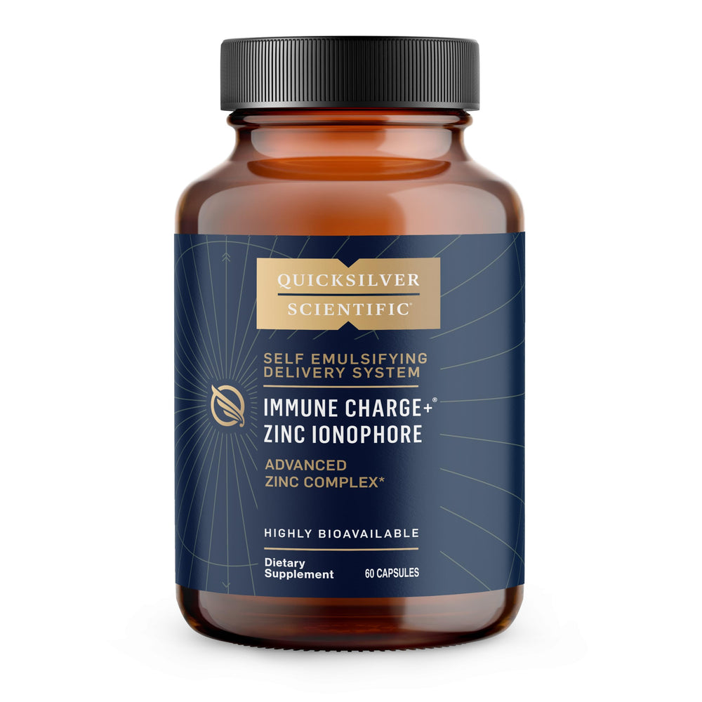 Quicksilver Immune Charge bottle front showing zinc ionophore complex for daily immune support