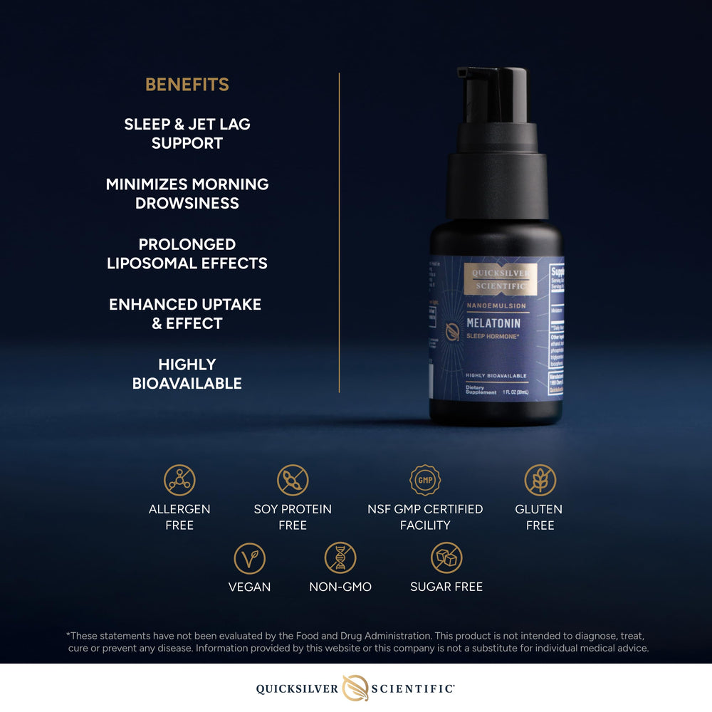 Quicksilver Liposomal Melatonin amber bottle signals storage integrity and freshness.