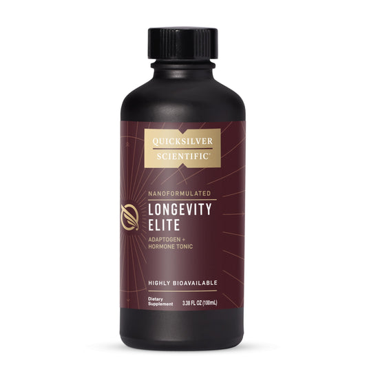 Quicksilver Longevity Elite bottle label shows branding and dosage for easy use.