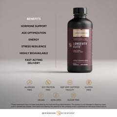Quicksilver Longevity Elite pregnenolone bottle emphasizes hormonal balance potential.