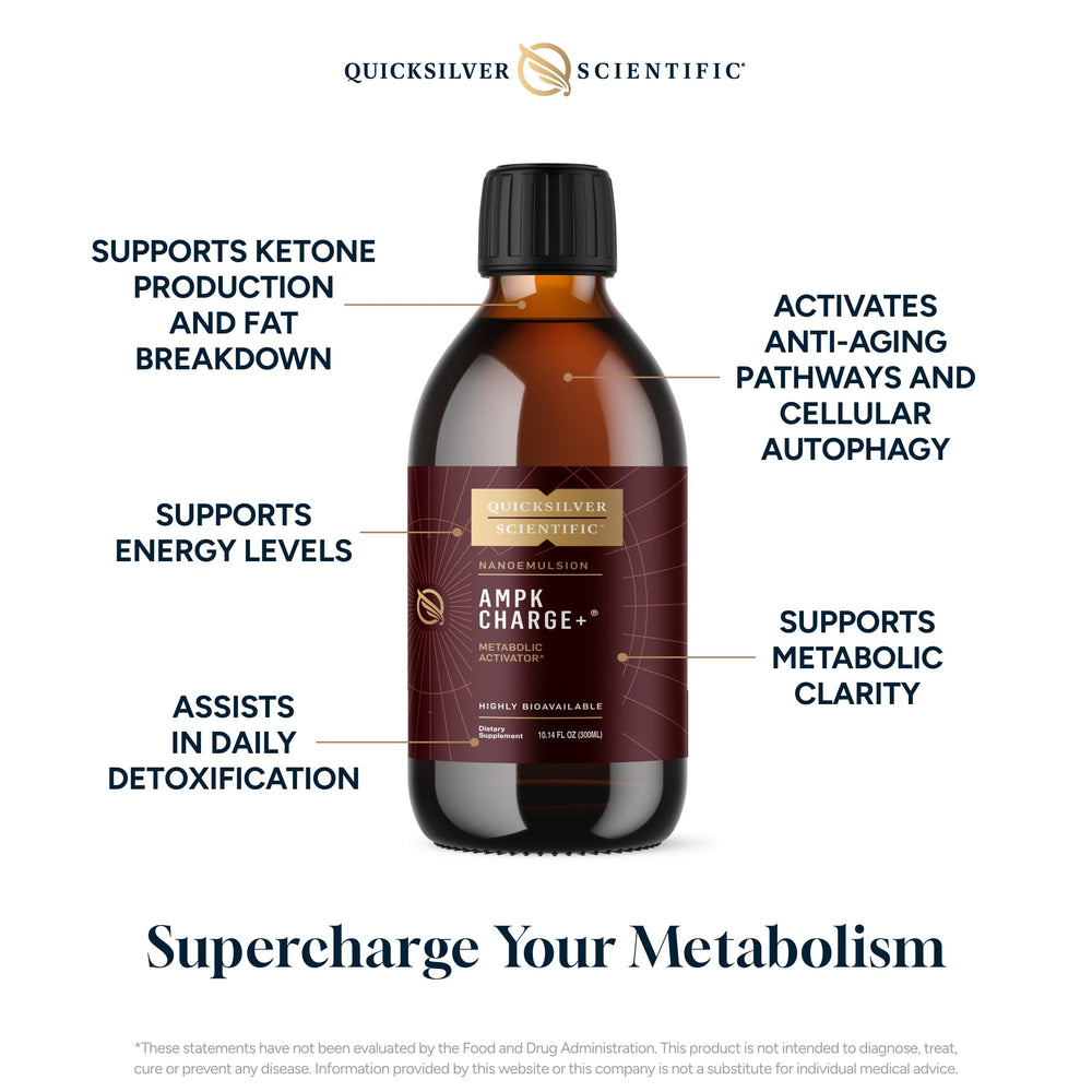 Quicksilver AMPK Charge+ nanoemulsified formulation showing rapid absorption and cellular energy.
