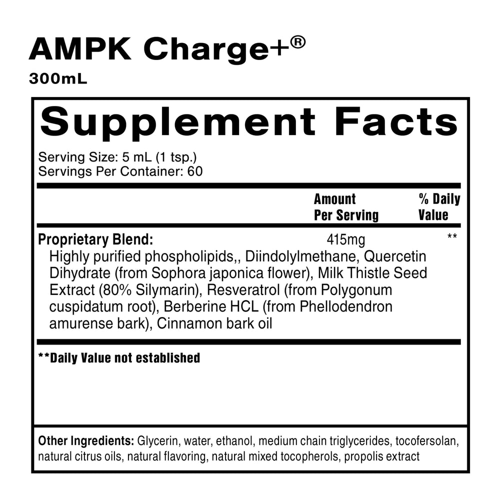 Quicksilver AMPK Charge+ packaging side view highlighting keto-friendly support and fat metabolism.