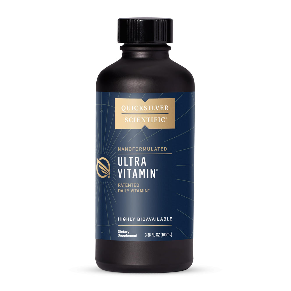 Quicksilver Scientific Liposomal Ultra Vitamin bottle—promotes fast absorption for daily energy.