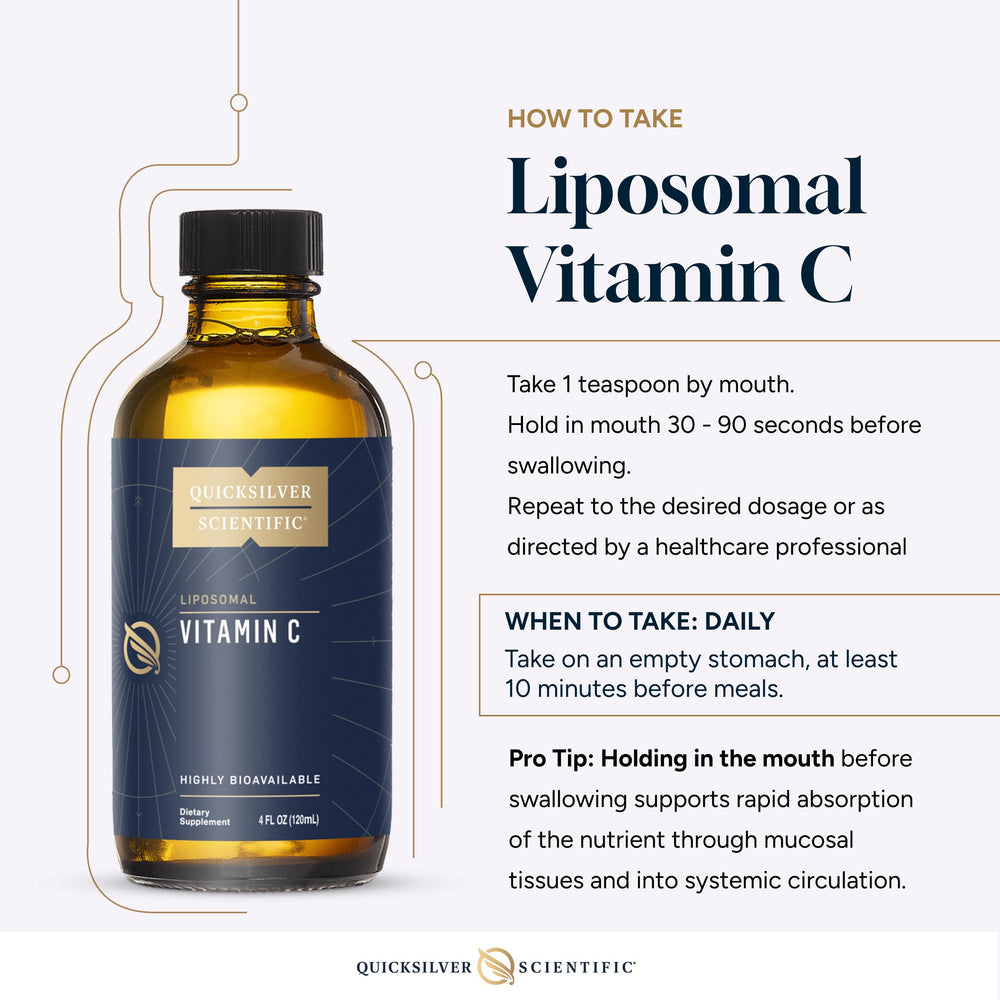 Quicksilver Scientific liposomal vitamin C bottle with glass emphasizes clarity