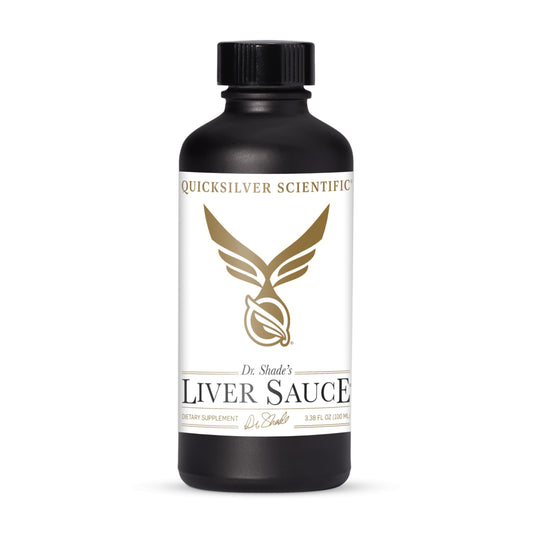 Quicksilver Liver Sauce bottle front showing liposomal detox support