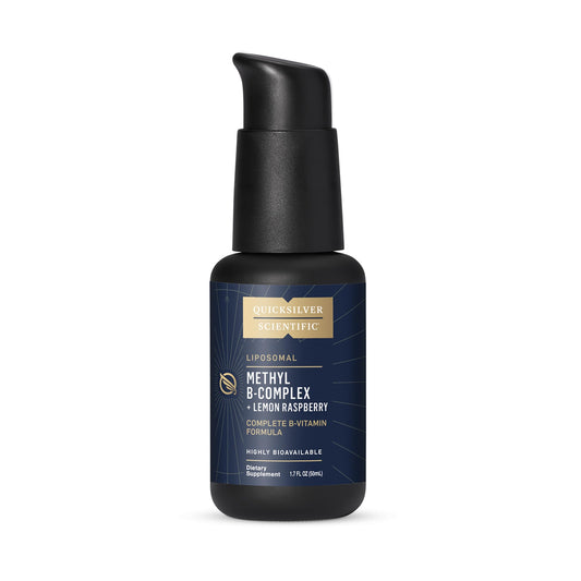Quicksilver Scientific Methyl B Complex bottle highlighting liposomal liquid vitamins for quick absorption