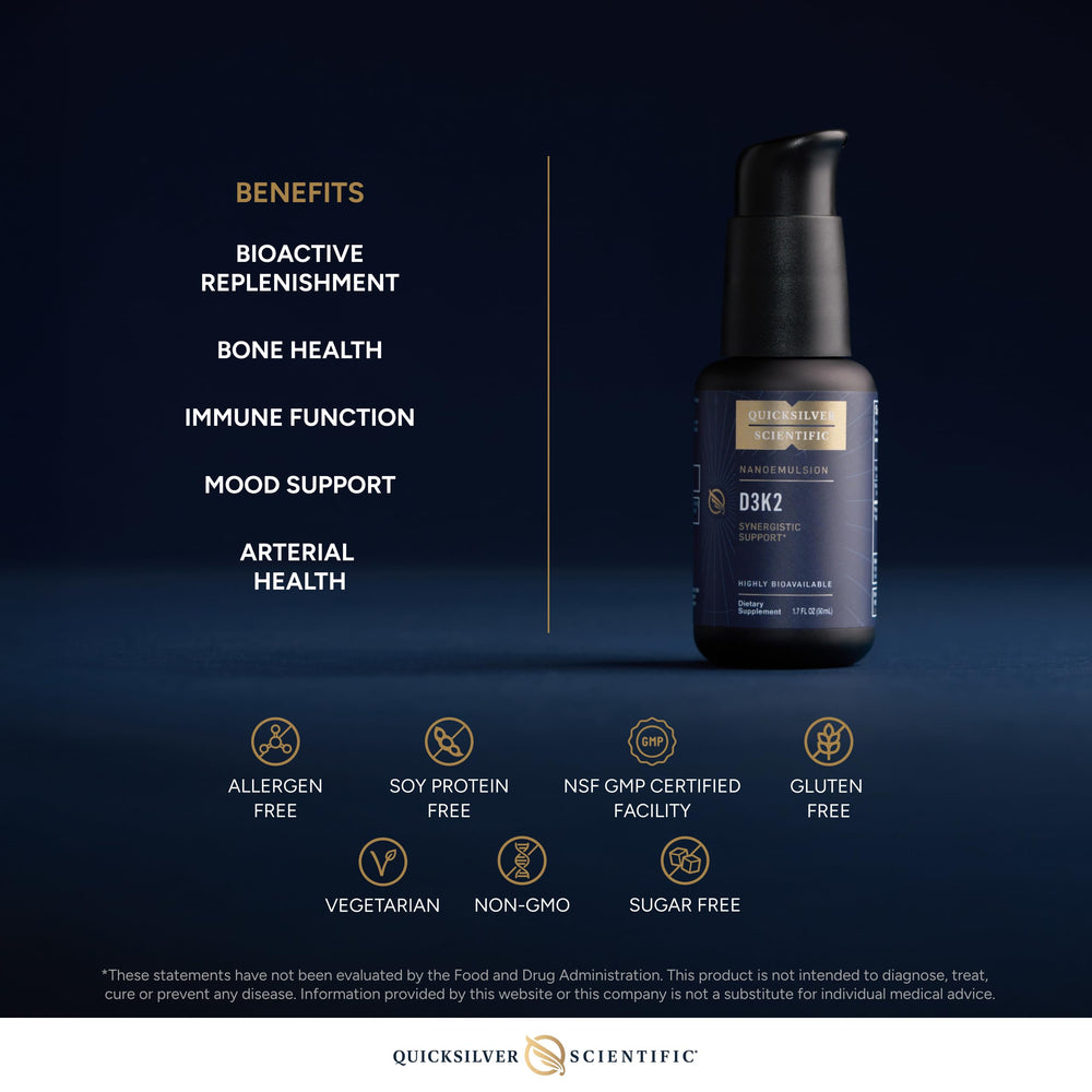 Quicksilver Scientific Nanoemulsified D3K2 ingredient list emphasizes sunflower lecithin and MK-7.