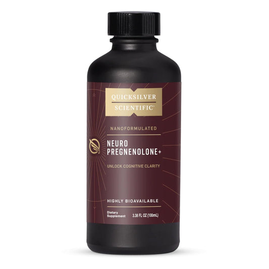 Quicksilver Scientific Neuro Pregnenolone+ bottle closeup highlighting liposomal brain support.