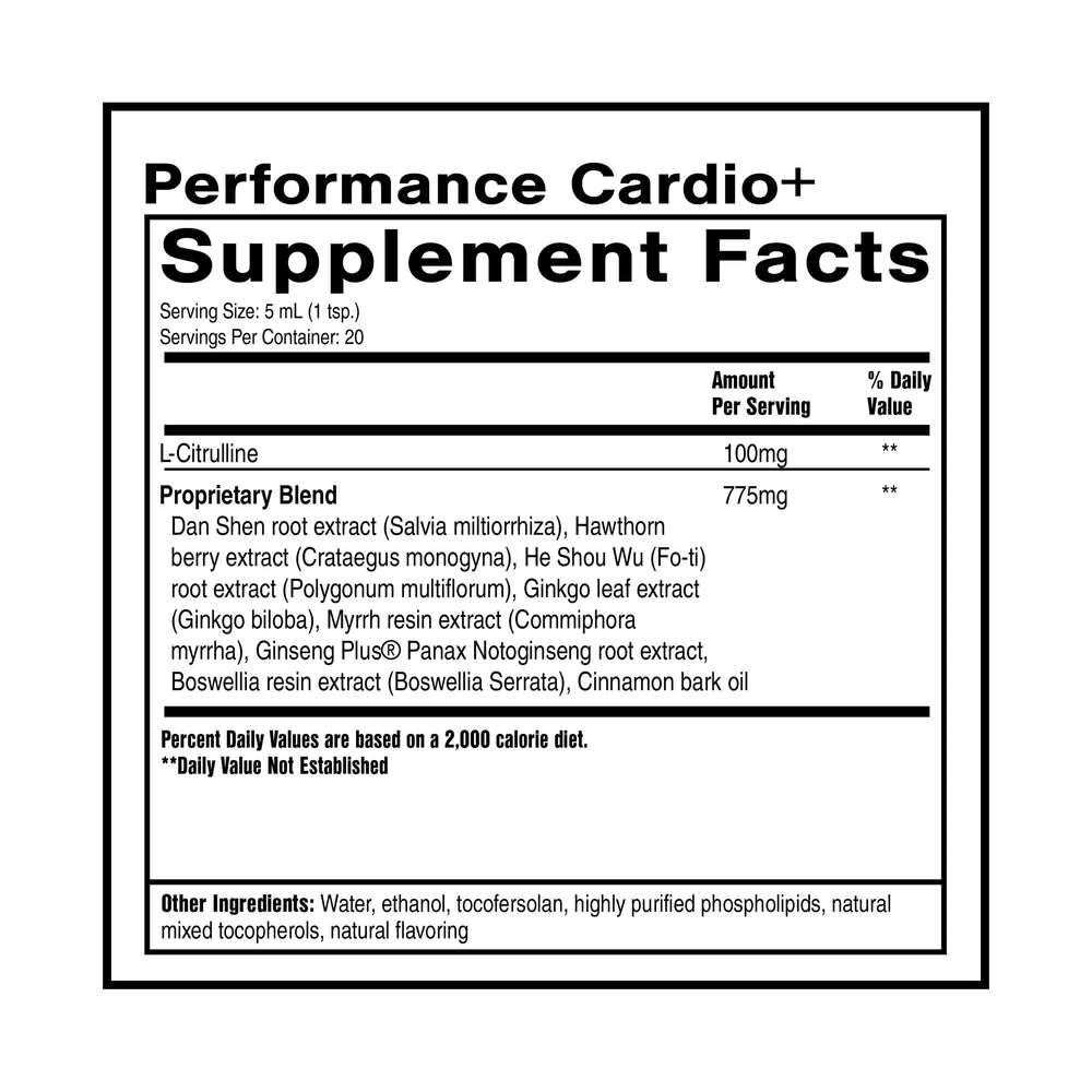 Quicksilver Scientific Performance Cardio+ label closeup shows hawthorn and ginseng for circulation support.
