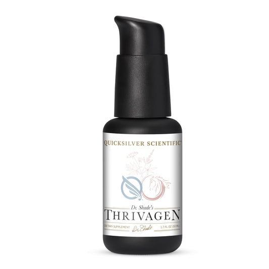 Quicksilver Thrivagen bottle on shelf for daily energy and hormonal balance.