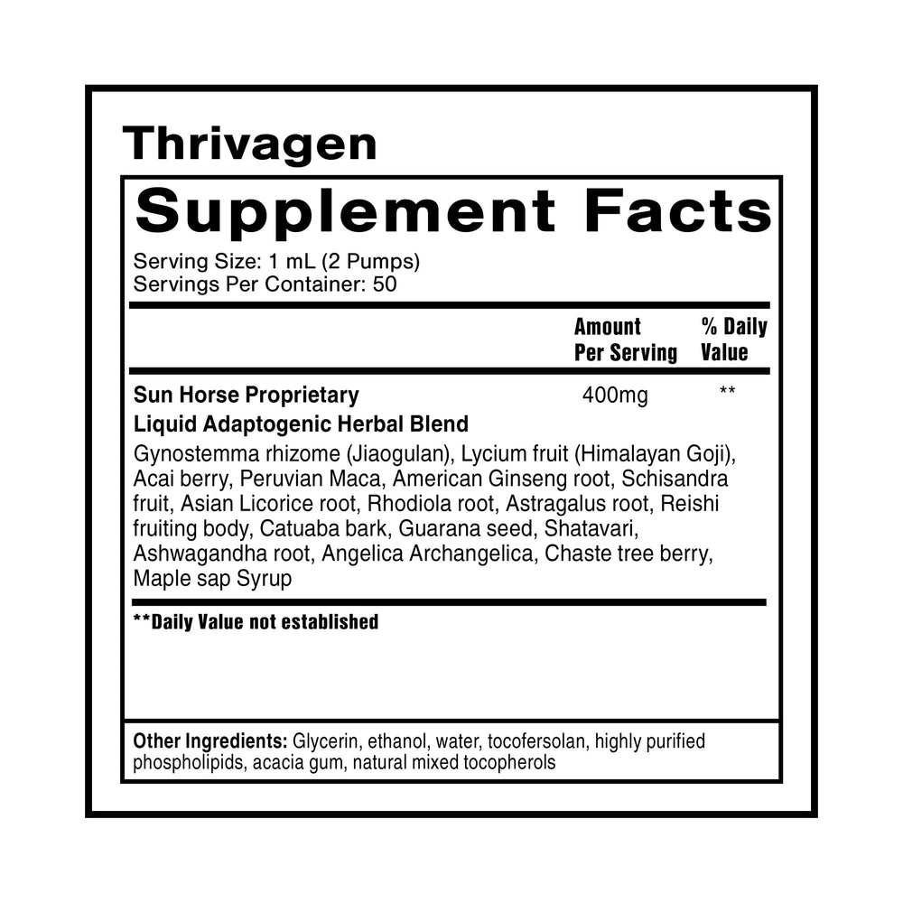 Quicksilver Thrivagen label close-up highlighting adaptogenic botanicals for women health.