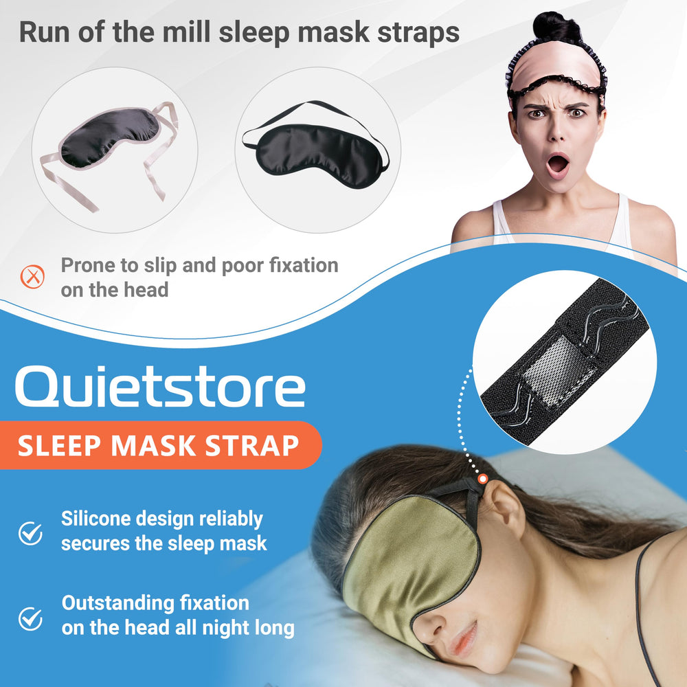 Quietstore silk sleep mask on face, soft light blocking for rest.