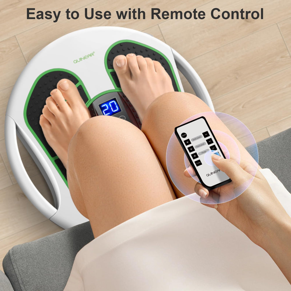 QUINEAR foot massager used at home to reduce swelling and improve circulation.
