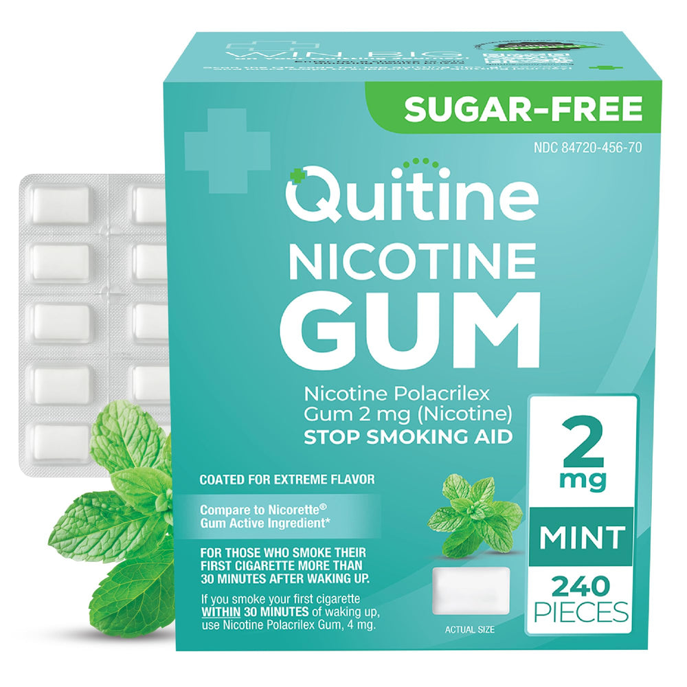 Quitine nicotine gum 2mg mint coating delivers quick flavor release during cravings.