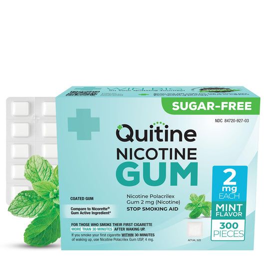 Quitine 2mg mint gum piece offers quick craving relief on the go.