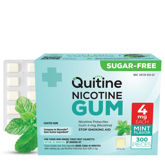 Quitine 4mg mint gum bottle highlights quick-burst mint flavor for fast craving relief.