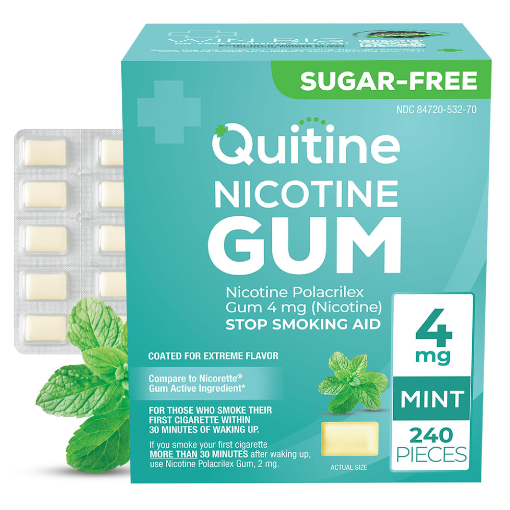 Quitine 4mg Mint gum pack front shows 240-count value for cravings support