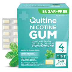 Quitine 4mg Mint gum pack front shows 240-count value for cravings support