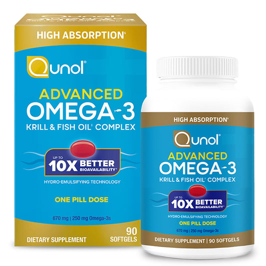 Qunol Advanced Omega-3 krill-oil bottle highlights easy daily dosing and absorption