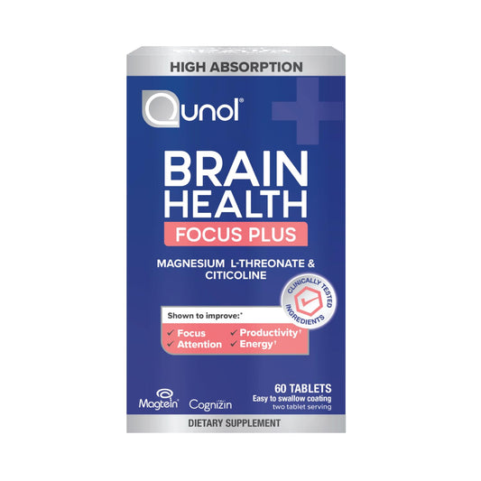 Qunol Brain Health Focus Plus bottle closeup showing focus support on daily use