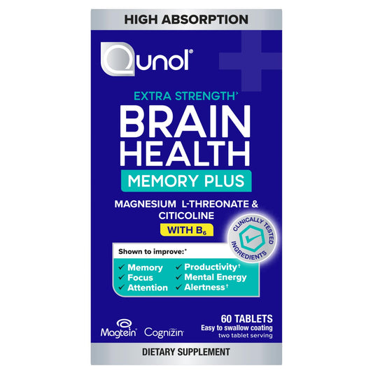 Qunol Brain Health Memory Plus bottle front with capsules for daily cognitive support.