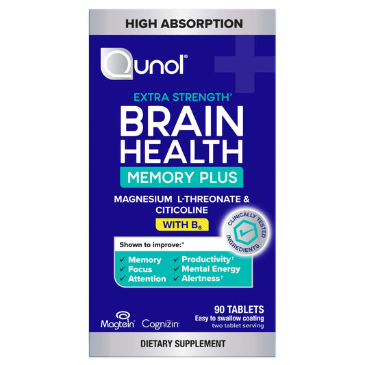 Qunol Brain Health Memory Plus bottle for daily cognitive support.